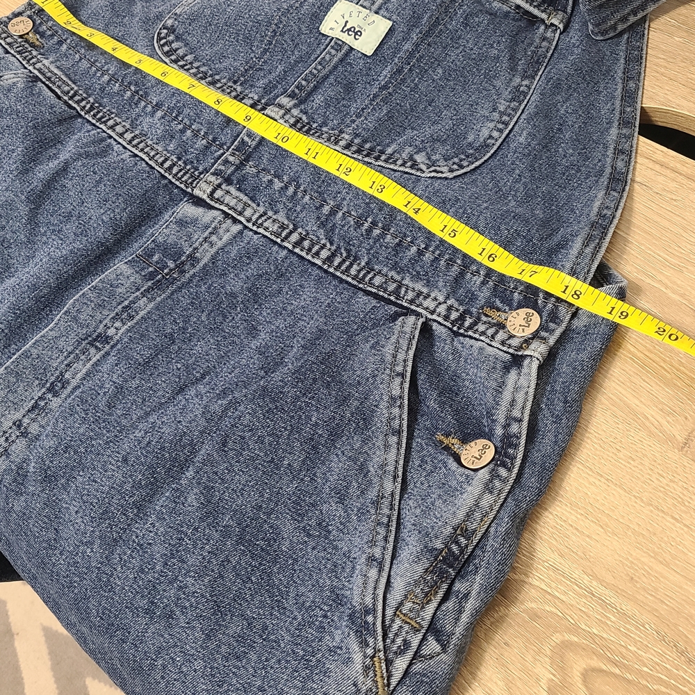 Vintage Lee Riveted Jean Shortalls Blue Denim Jorts  Womens XL R Garden Girl - Picture 7 of 9